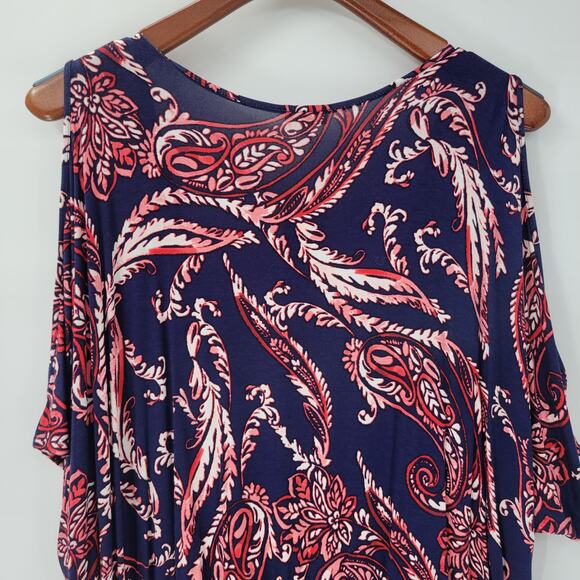 Spense Womens Romper XL Blue Red Paisley Cold Shoulder Boho Pullover Stretch - Picture 3 of 14